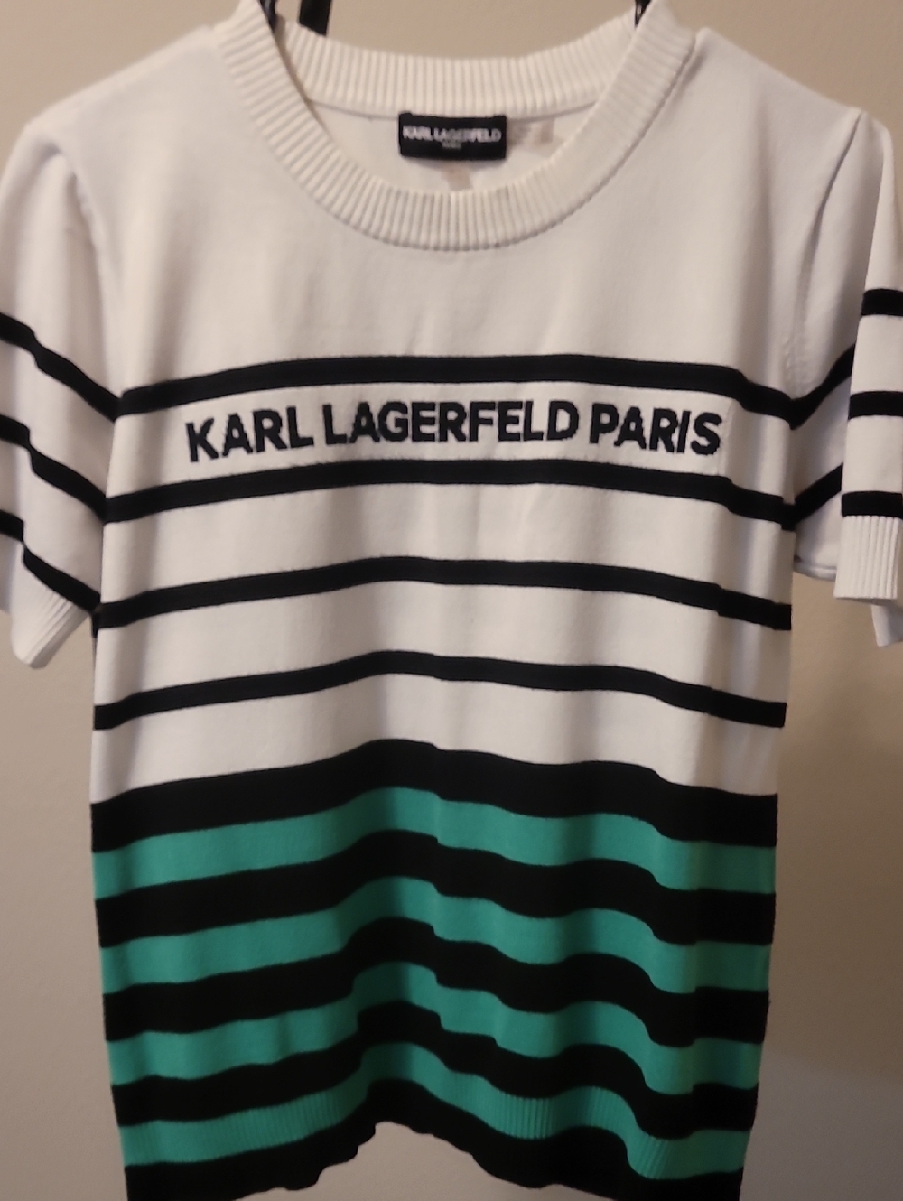 Karl Lagerfeld Womens White Black & Teal Striped Short Sleeve Top